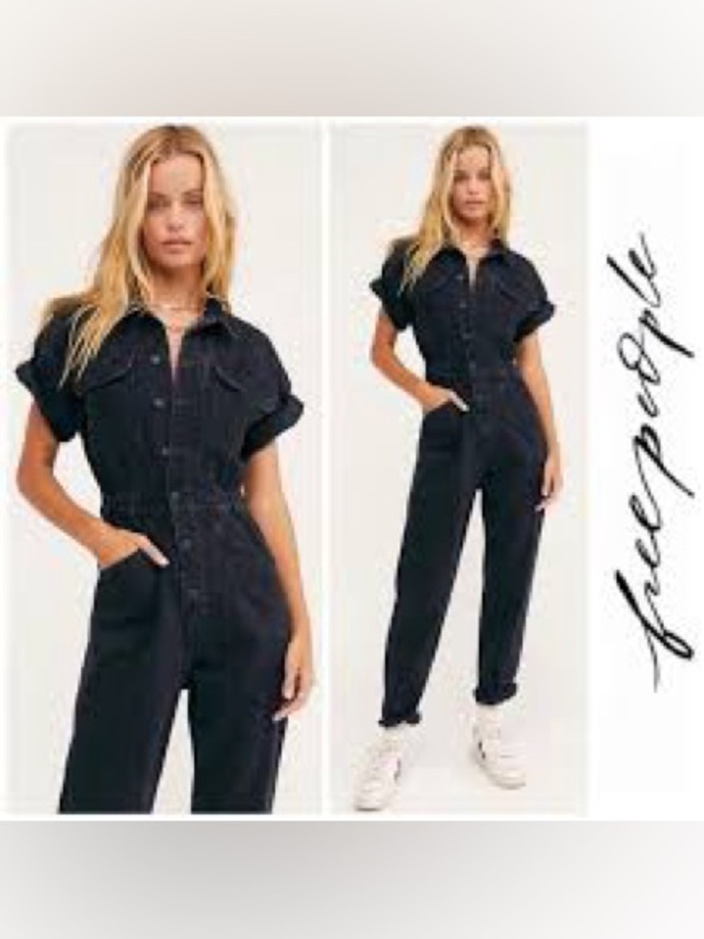 Free People / We The Free "Marci" Coverall Denim Jumpsuit - Washed Black - M